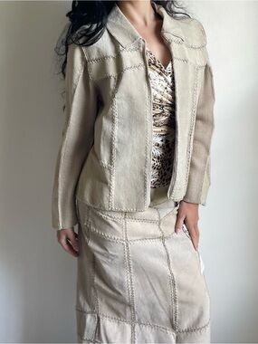 Selene Vintage Patchwork Leather Jacket and Skirt Set